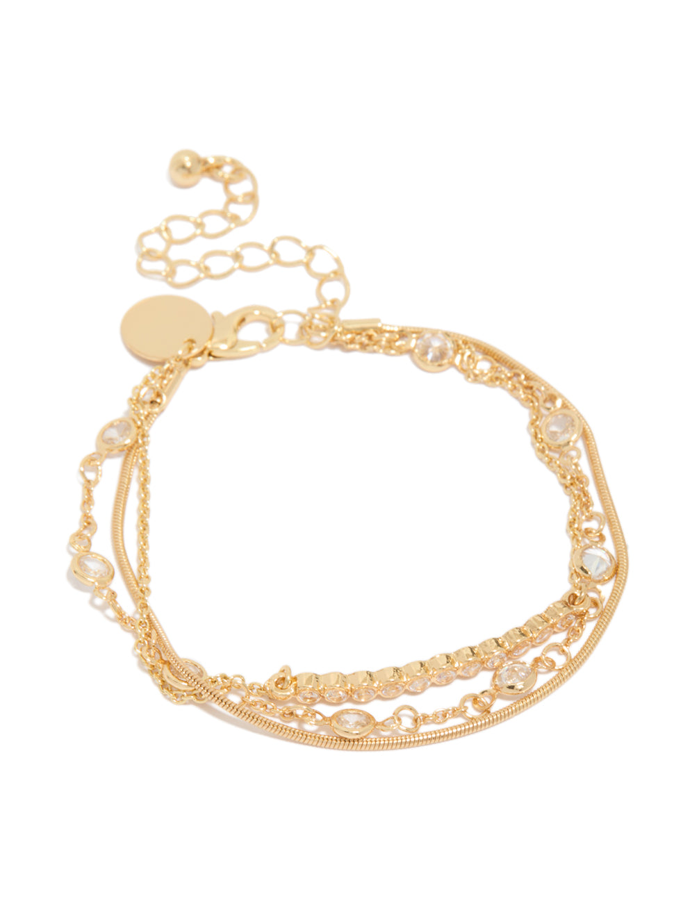 Crafted from gold plated metal featuring cubic zirconia bezel set stones in a 3-pack front view