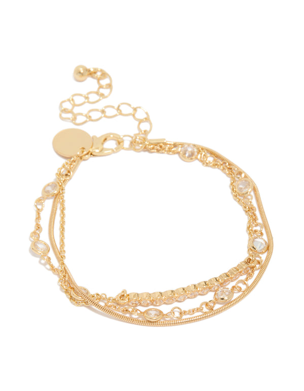 Beautifully crafted gold plated cubic zirconia bezel stone bracelets in a 3-pack front view