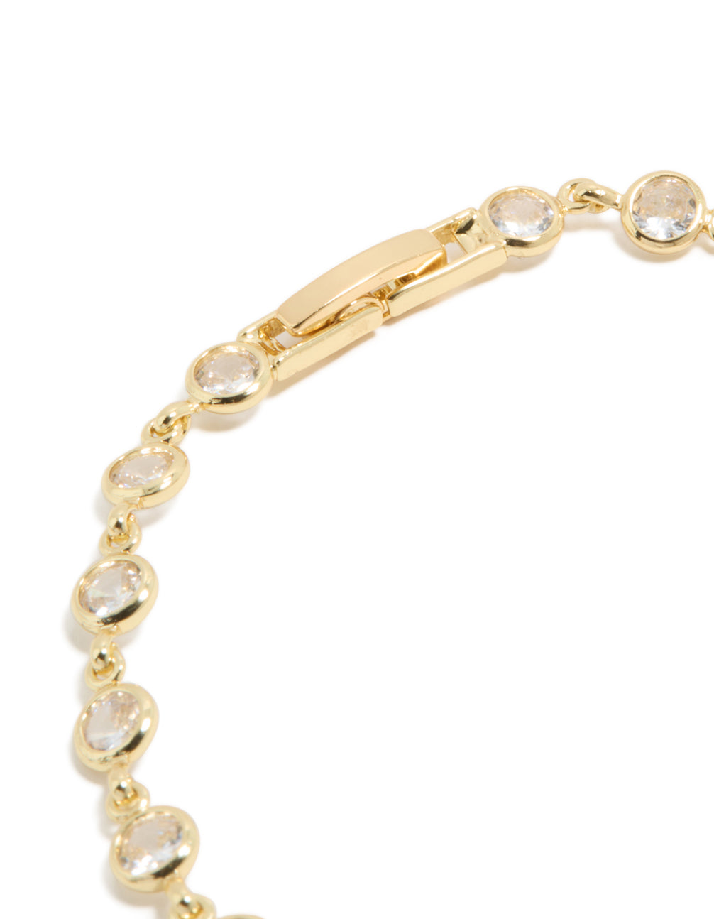 Highlighting gold plated bezel cubic zirconia tennis bracelet closure detail view