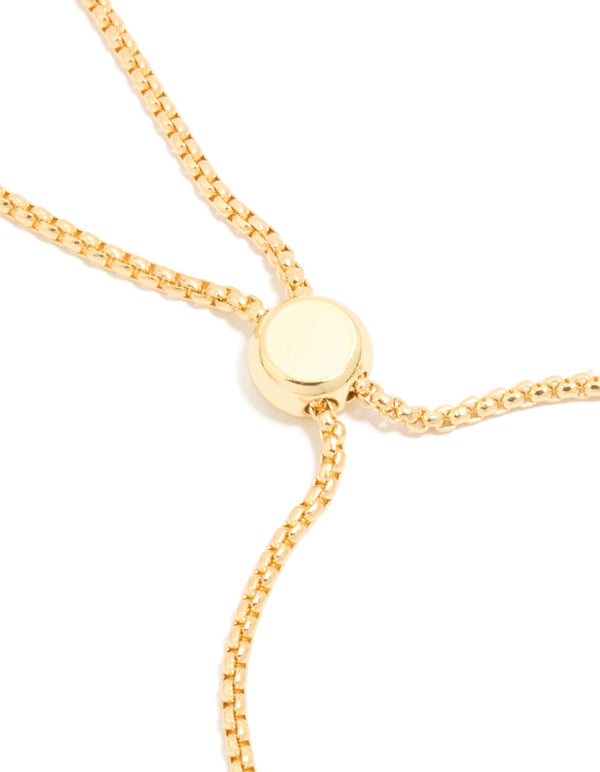 Crafted gold ball and cubic zirconia oval toggle chain gold plated bracelet featuring adjustable closure mechanism closure detail view