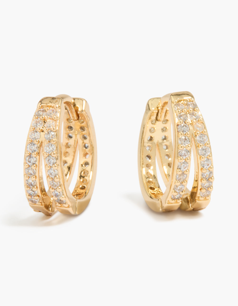 Beautifully crafted gold plated pavé cubic zirconia layered huggie earrings front view