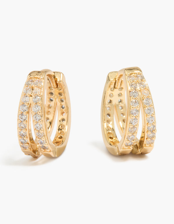 Beautifully crafted gold plated pavé cubic zirconia layered huggie earrings front view