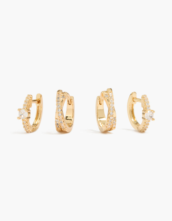 Gold Plated Cubic Zirconia & Criss Cross Huggie Earrings 2-Pack