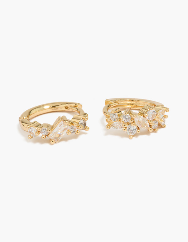 Gold Plated Cluster Cubic Zirconia Huggie Earrings 2-Pack
