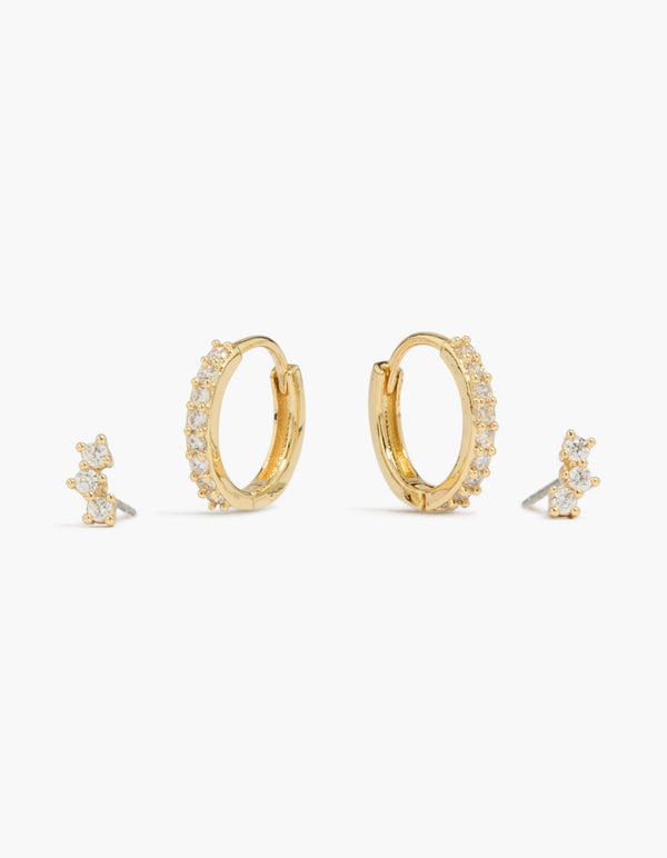 Gold Plated Mini Cubic Zirconia Stud & Huggie Earrings 2-Pack