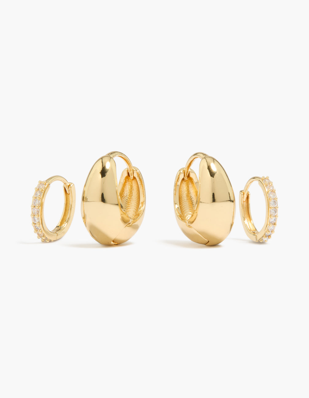 Showcasing gold plated cubic zirconia and oval huggie earrings in a 2-pack front view