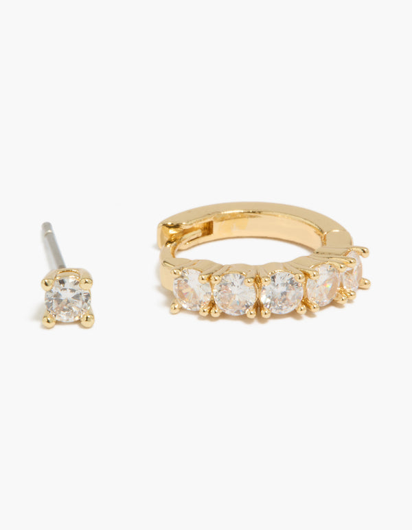 Gold Plated Cubic Zirconia & Oval Huggie Earrings 2-Pack