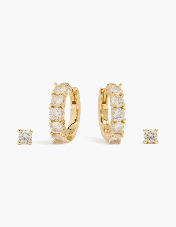 Gold Plated Cubic Zirconia & Oval Huggie Earrings 2-Pack