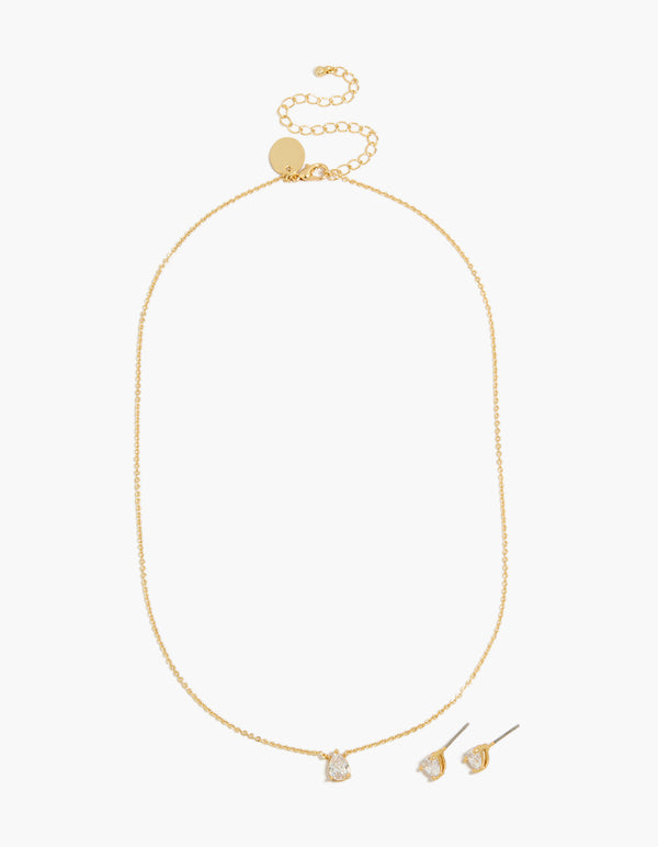 Gold Plated Pear Cubic Zirconia Necklace & Earrings Set