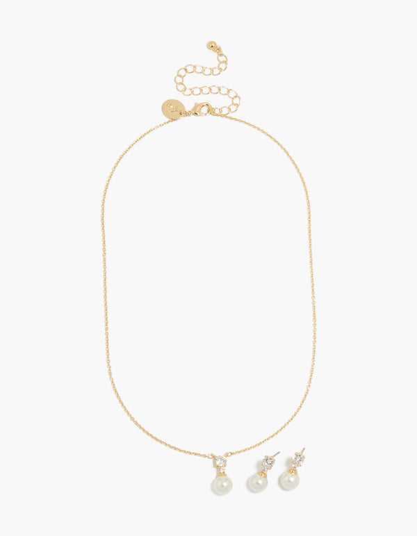 Gold Plated Cubic Zirconia Pearl Necklace & Earrings Set