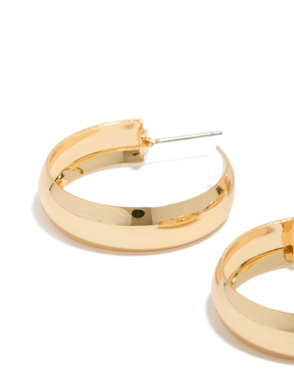 Showcasing gold plated medium and large hoop earrings in a 2-pack post detail view