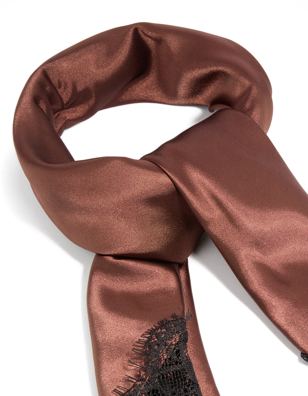 Crafted from chocolate brown fabric, this long scarf features solid print with black lace edge detail view