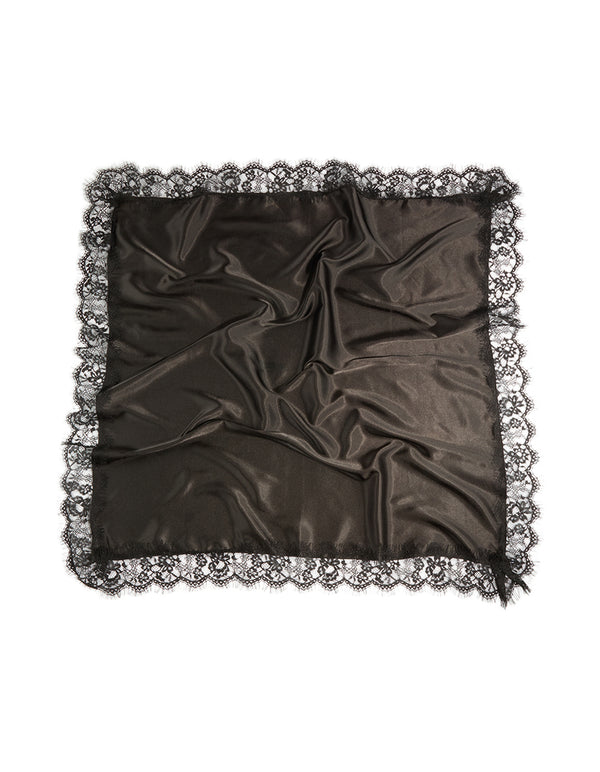 Beautifully crafted fabric lace edged long scarf in black front view