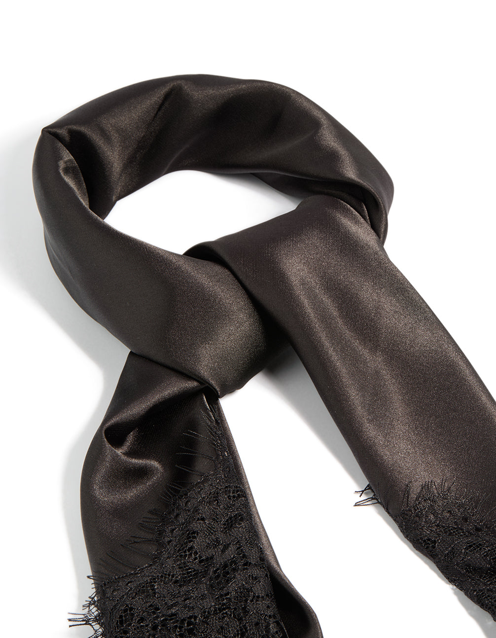 Stylish fabric lace edged long scarf in black side view