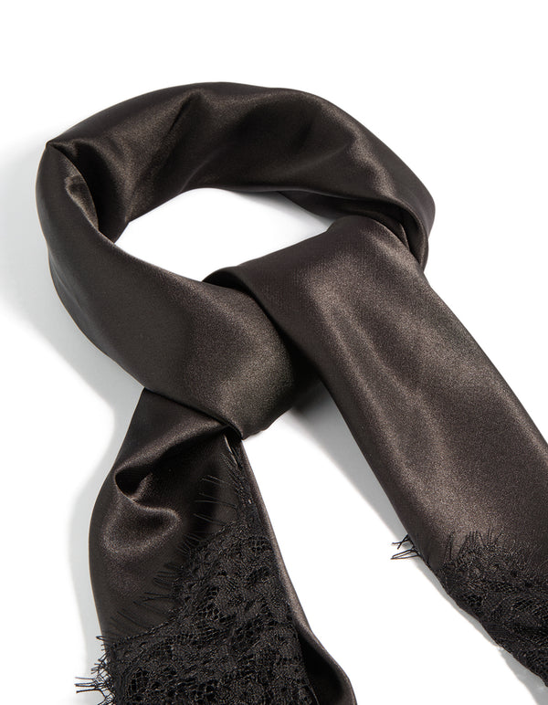 Stylish fabric lace edged long scarf in black side view