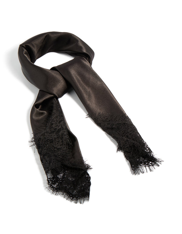 Beautifully crafted fabric lace edged long scarf in black front view