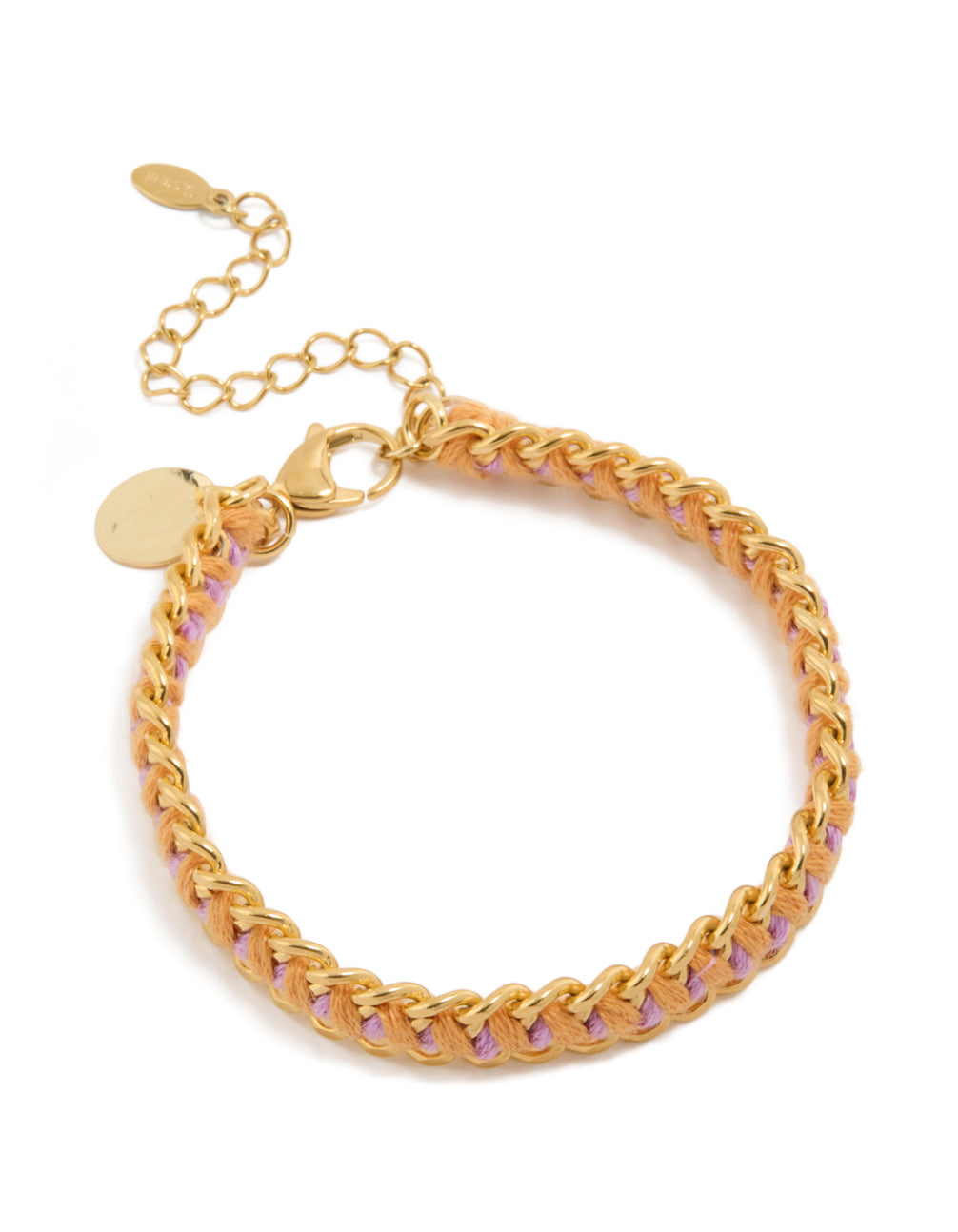 Showcasing a waterproof gold plated stainless steel bracelet accents and purple thread yarn in gold front view