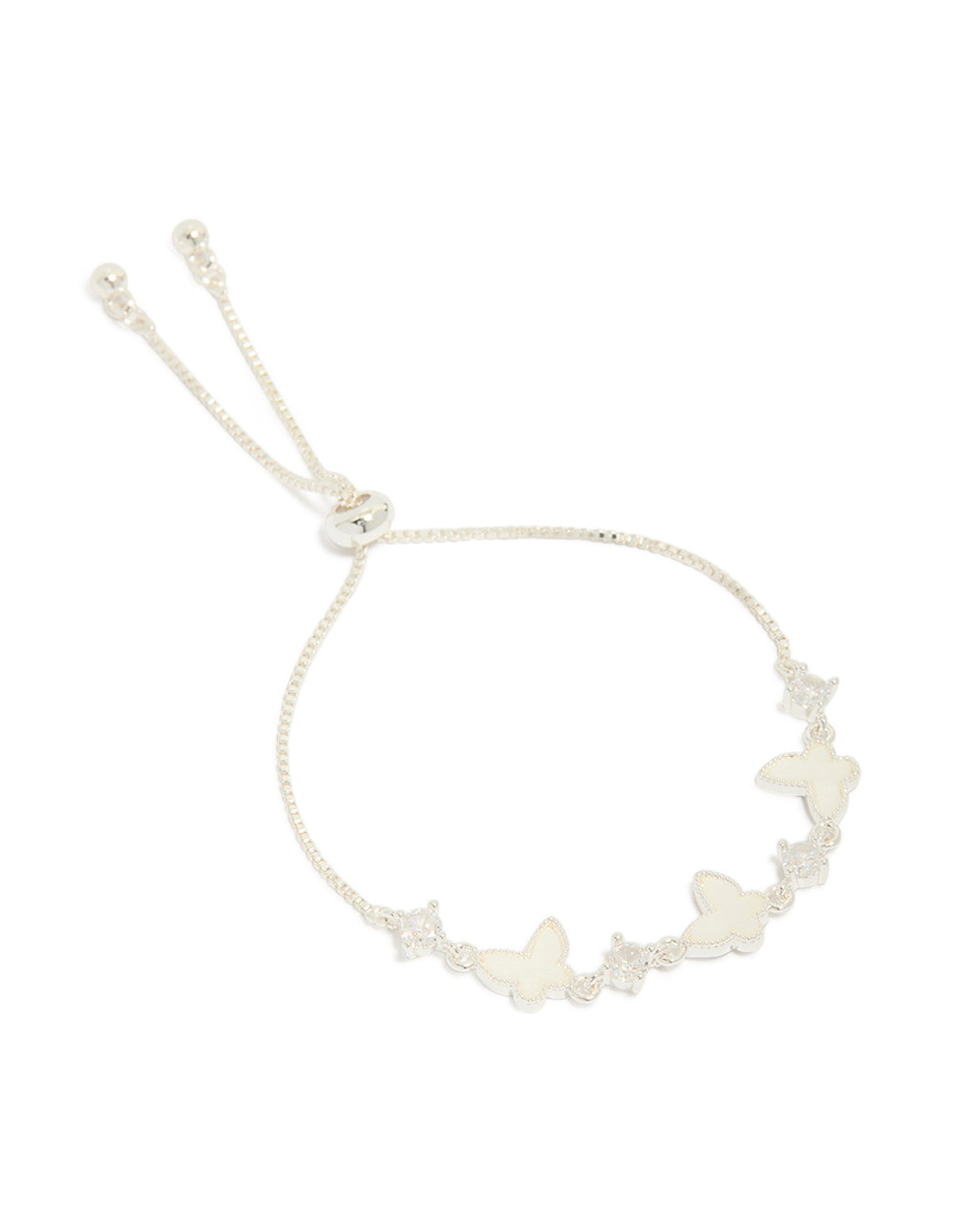 Showcasing a silver plated toggle bracelet with cubic zirconia and smooth butterfly charms inlay front view
