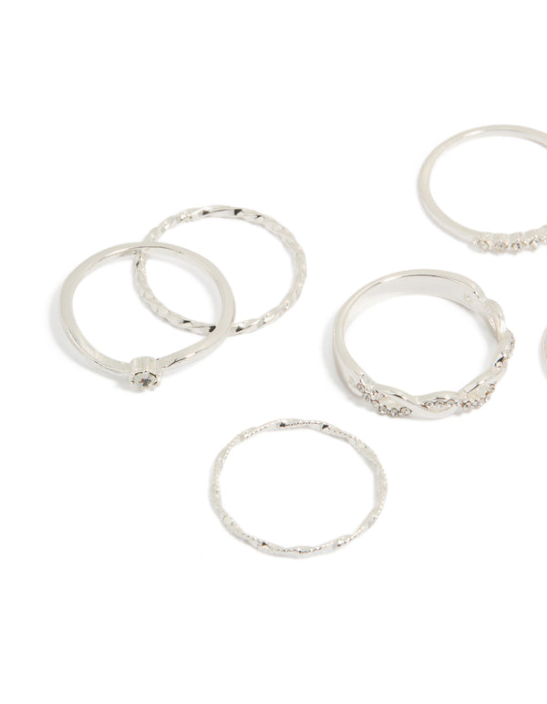 Featuring silver plated diamante and twisted rings 6-pack with statement design in solitaire cut side detail view