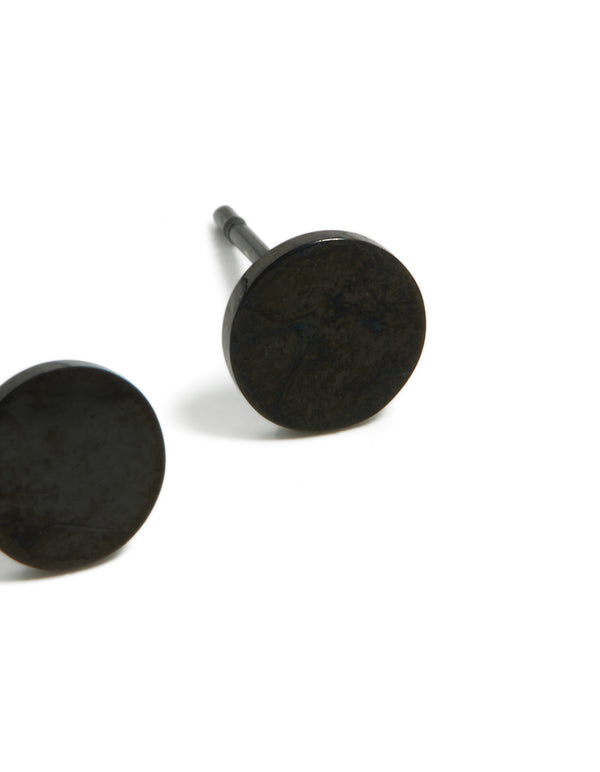 Featuring 6 MM disc stud earrings crafted from waterproof black coated stainless steel with post detail view