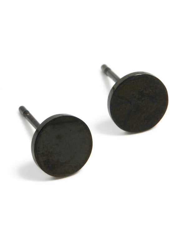 Presenting a pair of 6 MM disc stud earrings crafted from waterproof black coated stainless steel front view