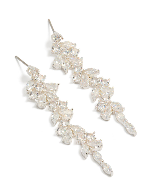 Showcasing dainty drop earrings, crafted from silver plated material featuring cubic zirconia in clear front view