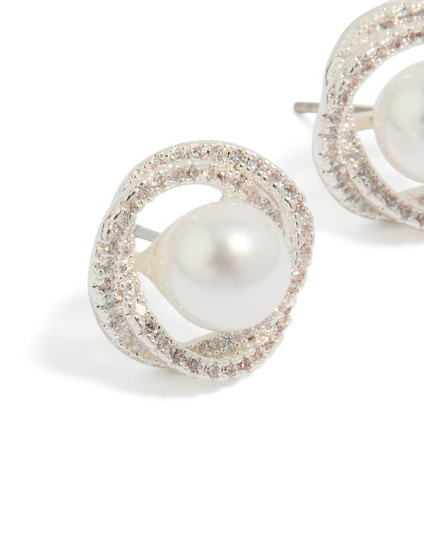 Beautifully crafted twist pearl stud earrings with cubic zirconia and silver plated detailing close up view