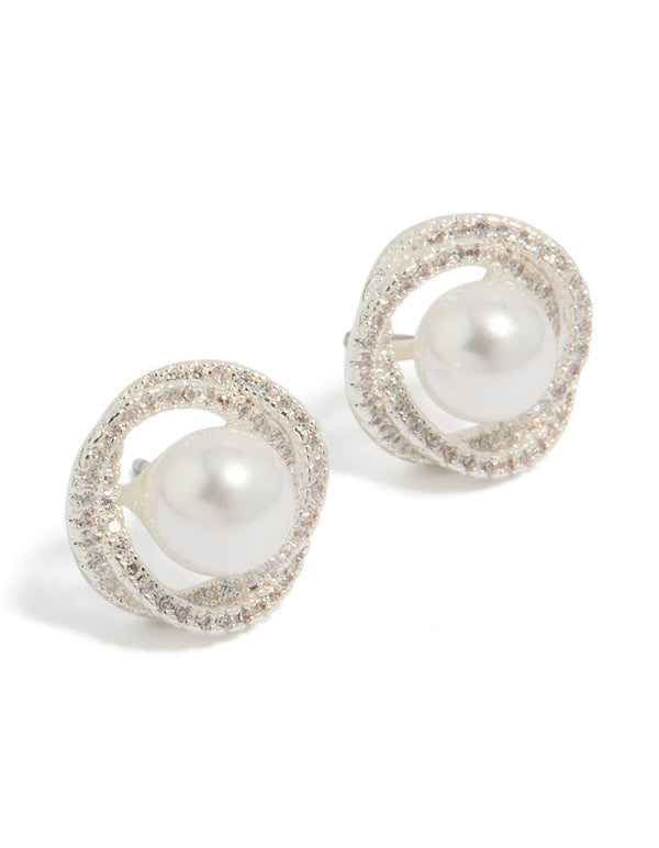 Elegant twist pearl stud earrings featuring cubic zirconia in silver plated finish front view