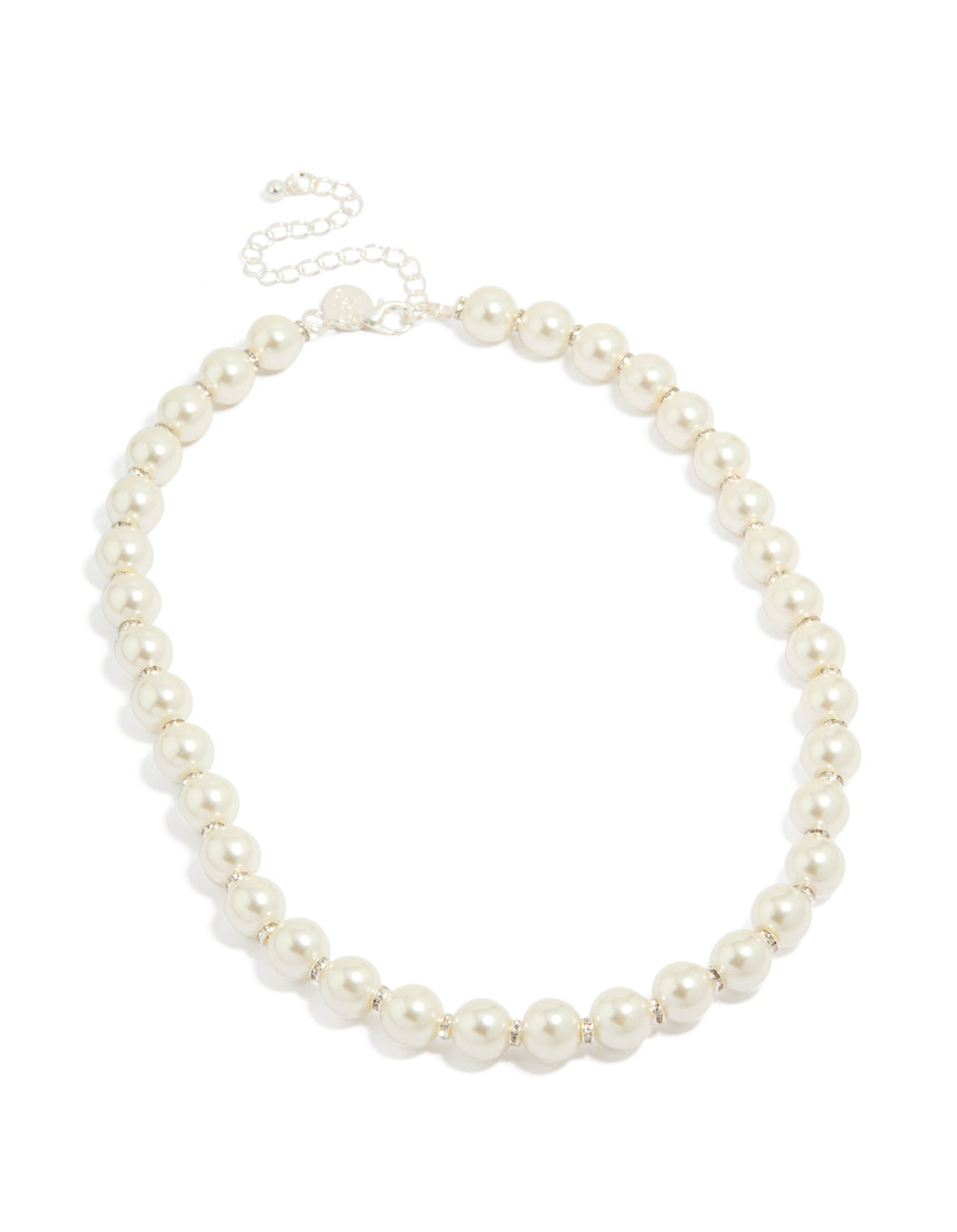 Classic pearl necklace with silver plated diamante rondells in ivory front view