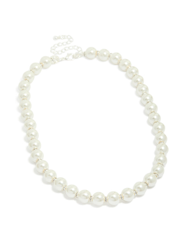 Elegant silver plated pearl and diamante necklace with beads front view