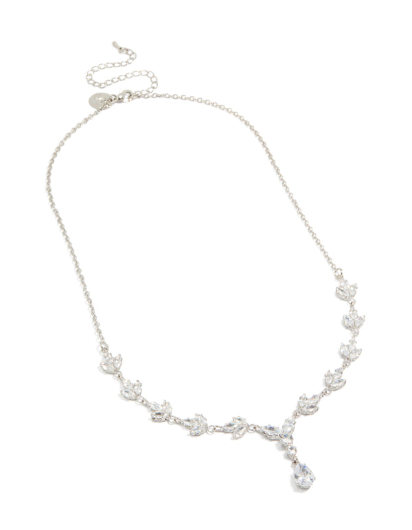 Featuring a silver plated cubic zirconia marquise vine Y-necklace with floral leaf design in statement style front view