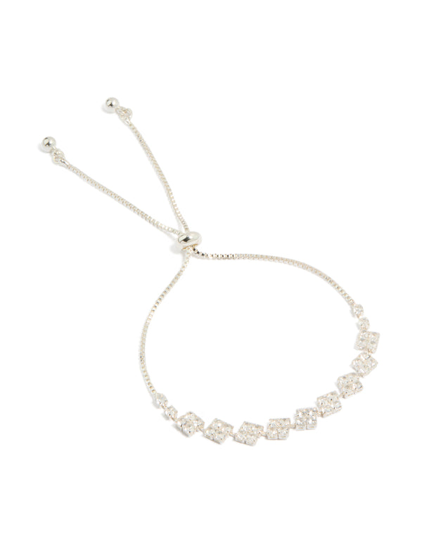 Elegant silver plated cubic zirconia flower detail toggle bracelet front view