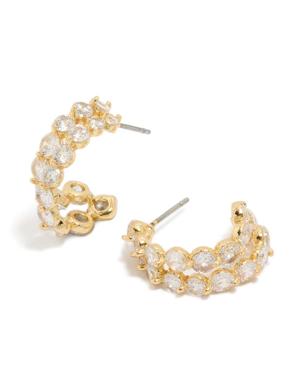 Showcasing small hoop style earrings with cubic zirconia stones set in gold plated metal featuring a double layered design front view