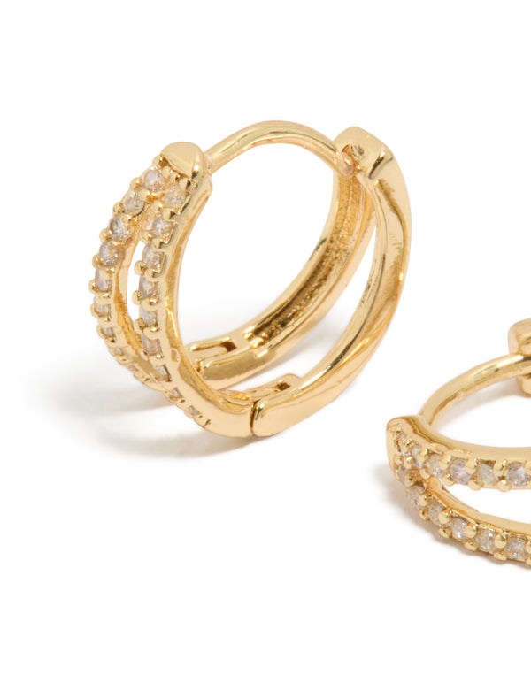 Designed with cubic zirconia small double layered earrings in huggie closure close up view
