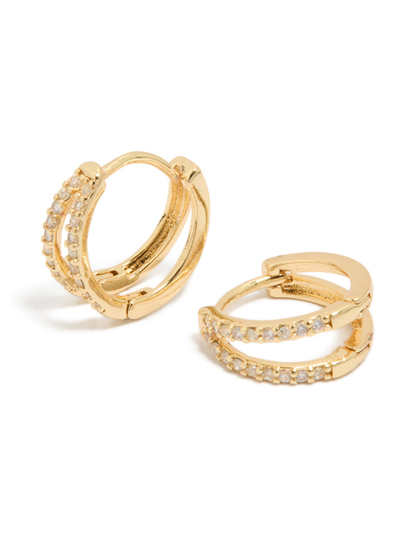 Showcasing small double layered earrings with cubic zirconia in huggie closure front view