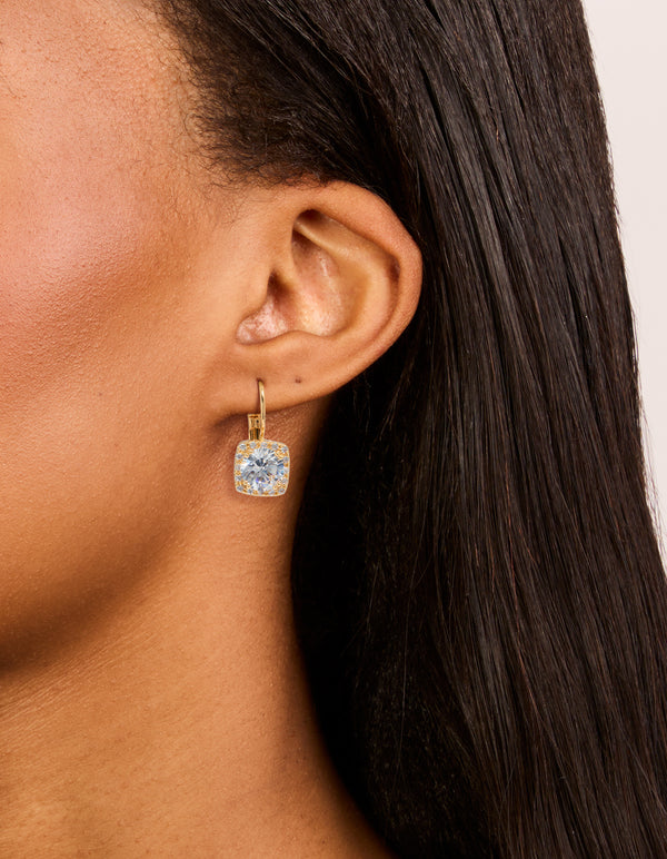 Gold Plated Cubic Zirconia Large Square Hook Drop Earrings