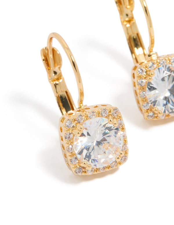 Showcasing large square cubic zirconia hook drop earrings with gold plated finish close up view