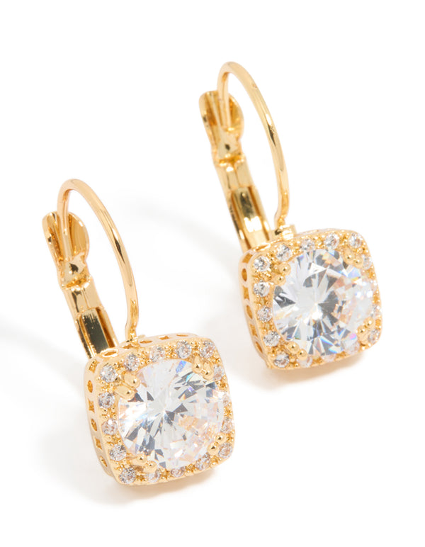 These stunning hook drop earrings feature large square cubic zirconia stones in a gold plated setting front view