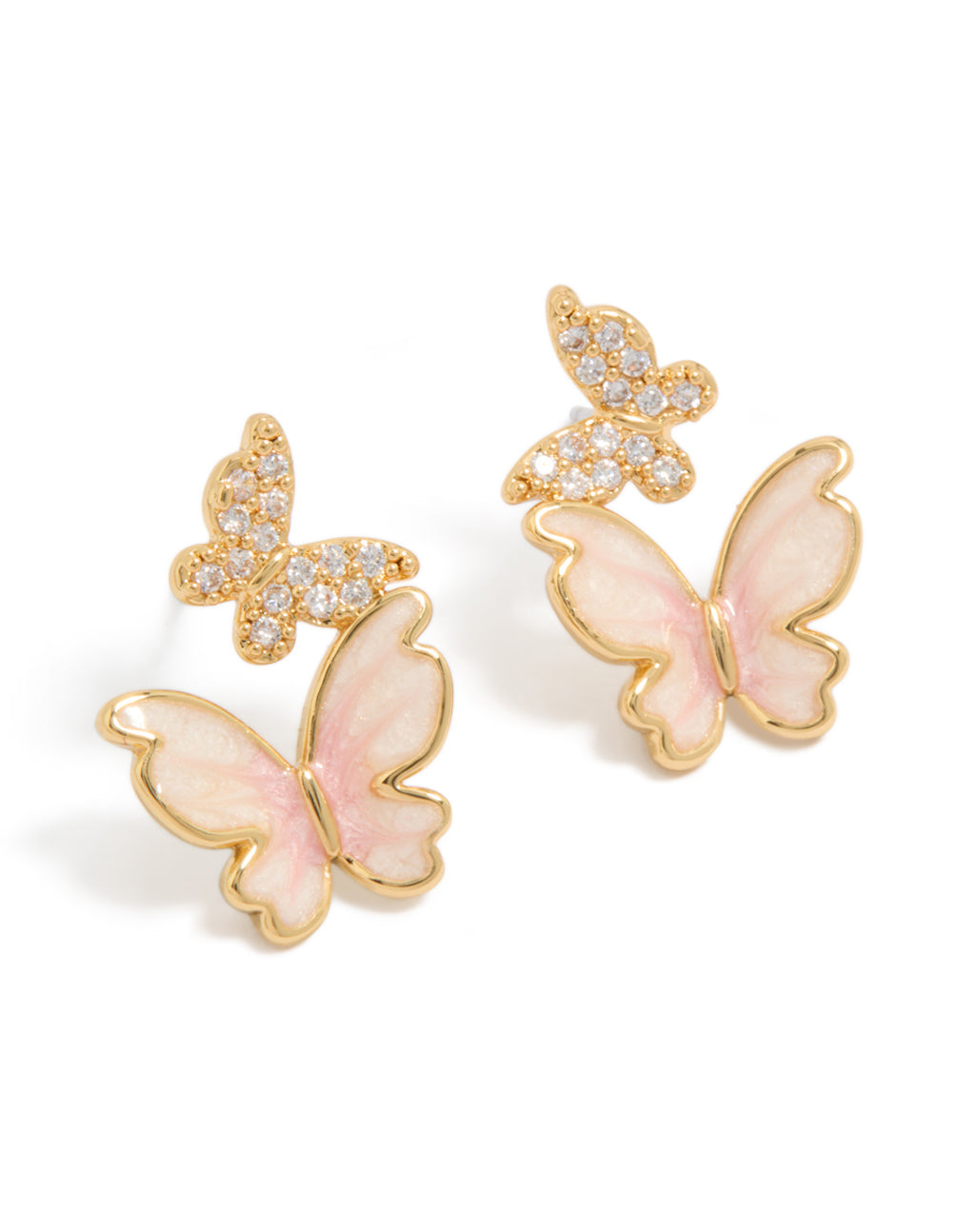 Small statement butterfly stud earrings crafted from gold plated material featuring pink enamel and cubic zirconia front view