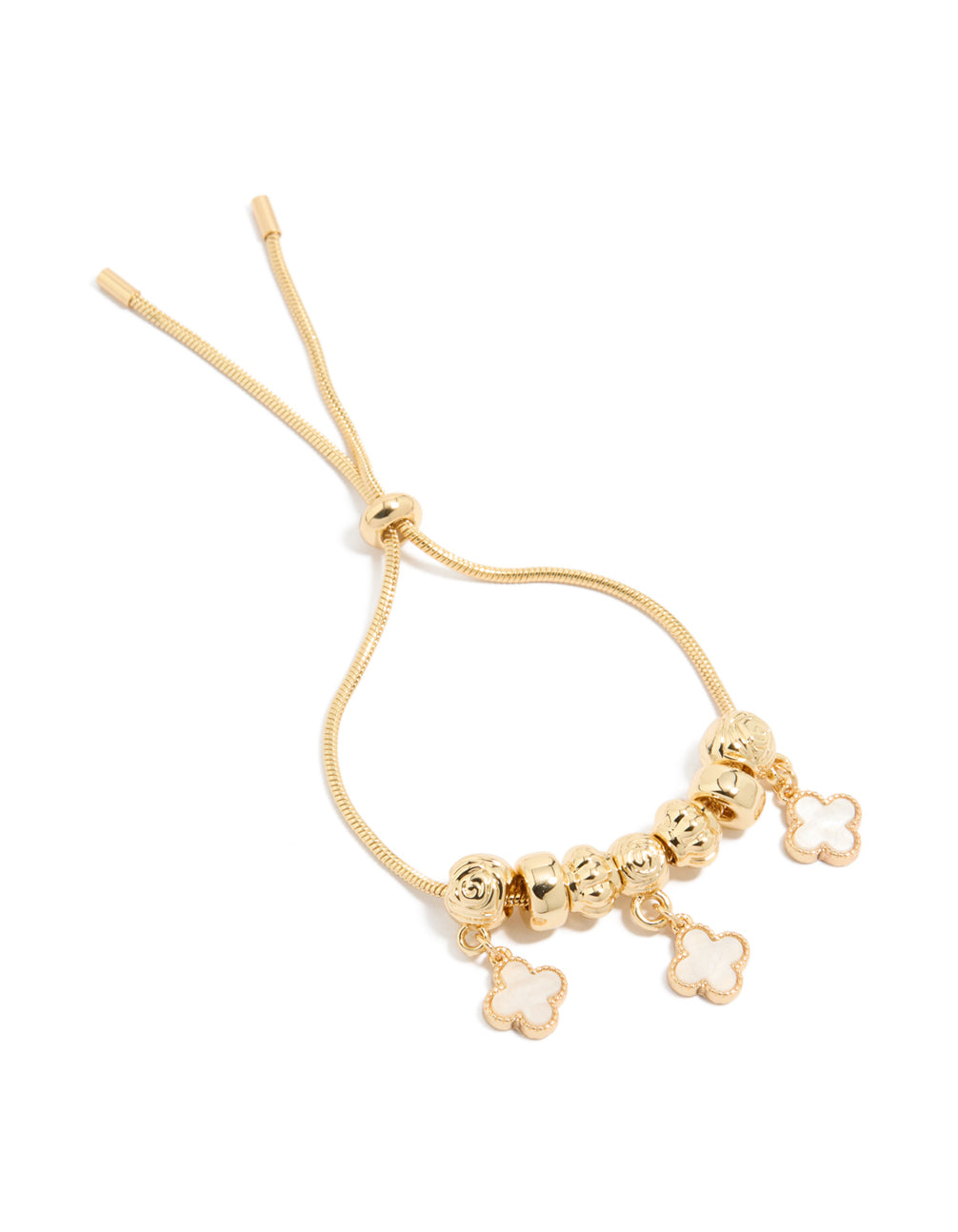 Showcasing a gold plated beaded charm toggle bracelet featuring pink genuine shell flower inlay front view