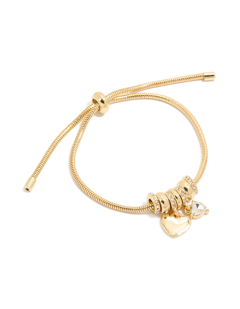 Showcasing a gold plated cubic zirconia chunky heart charm toggle bracelet design front view