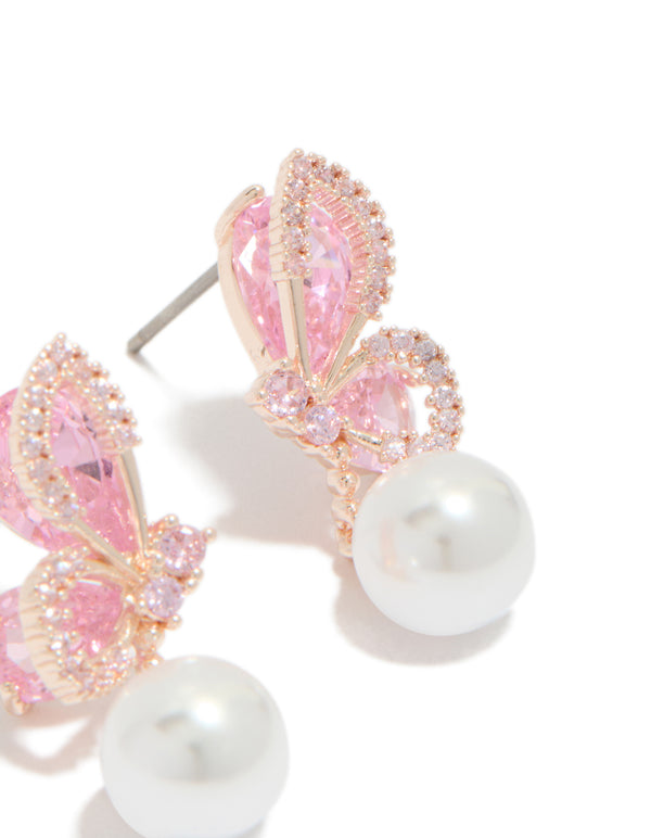 Rose Gold Plated Cubic Zirconia Butterfly Pearl Drop Earrings