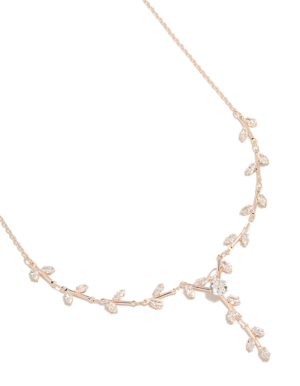 Showcasing a rose gold plated cubic zirconia dainty vine spaced necklace featuring leaf details close up view