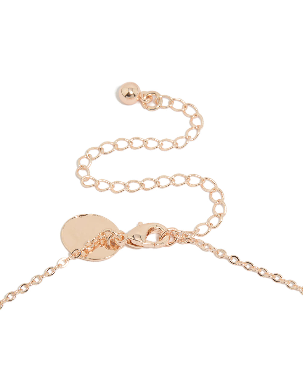 Designed with rose gold plated cubic zirconia, this dainty vine spaced necklace featuring leaf clasp detail view