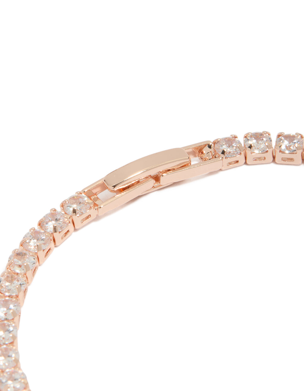 Close-up of rose gold plated tennis bracelet showcasing clasp mechanism and cubic zirconia stone settings closure detail view