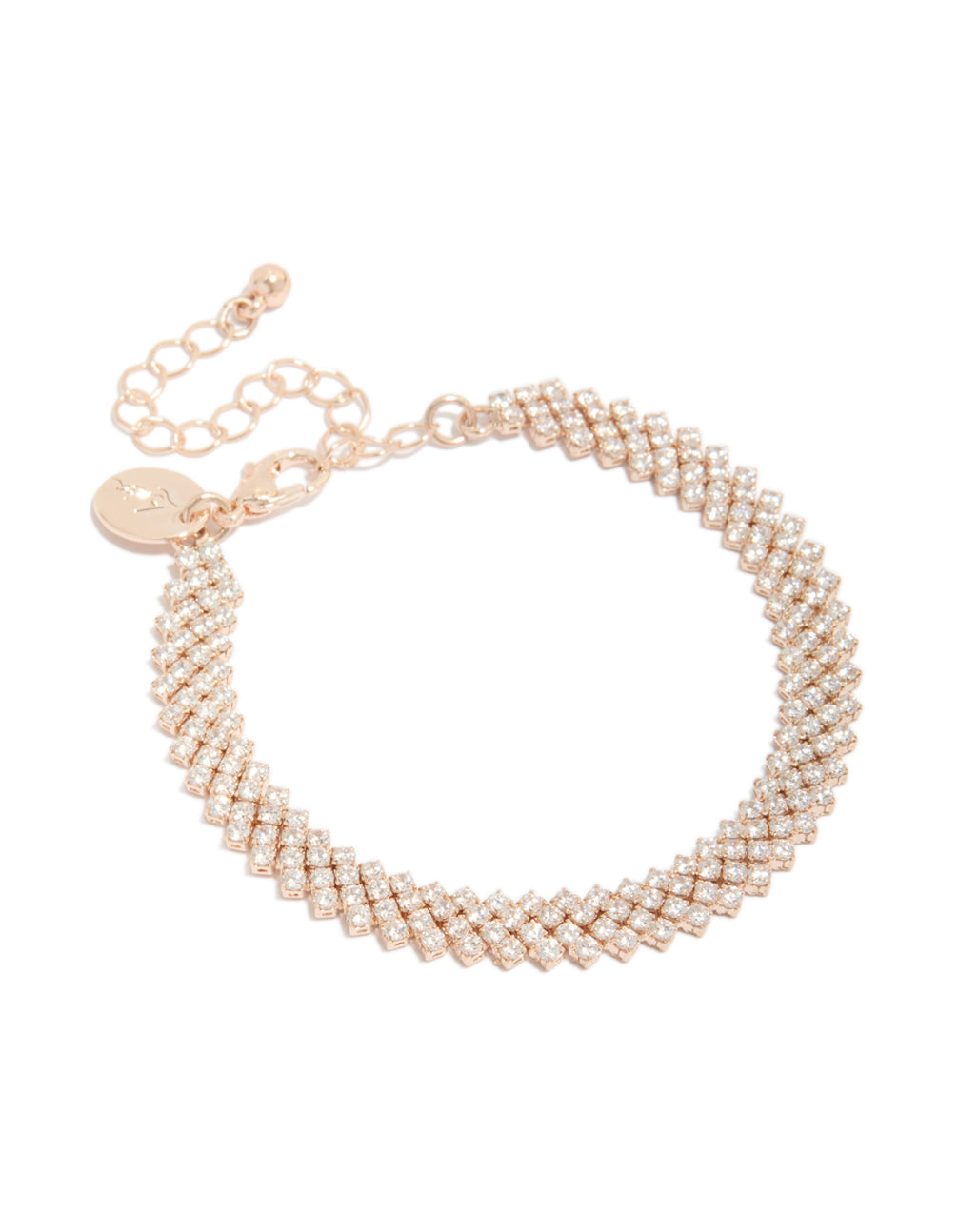 Showcasing a rose gold plated cubic zirconia round diagonal tennis bracelet front view
