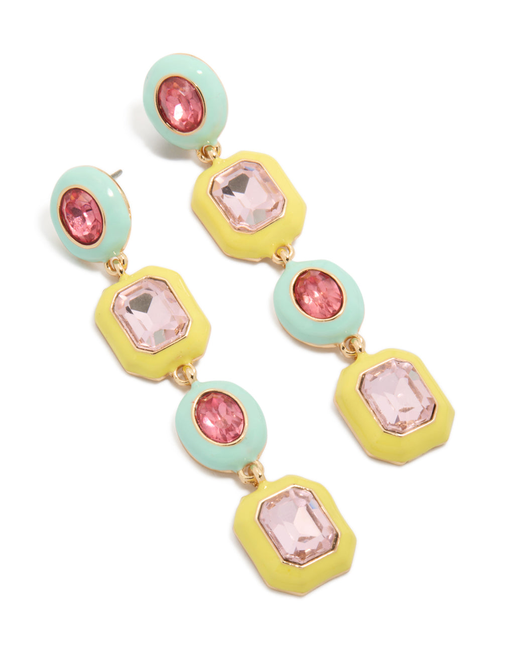 Showcasing statement drop earrings crafted from enamel featuring alternating aqua and yellow geometric shapes with pink diamantes in gold front view