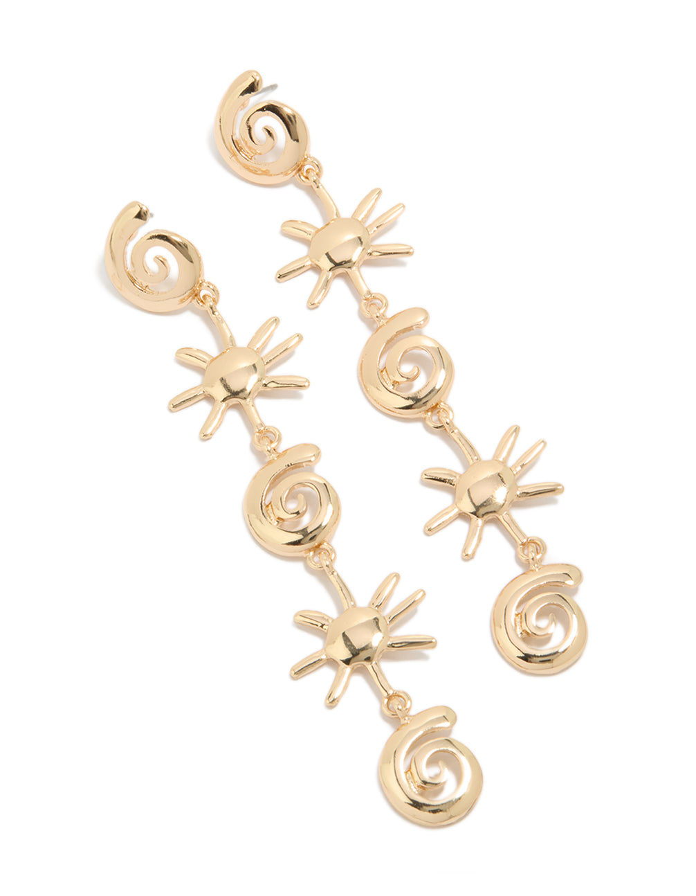 Beautifully crafted gold shell and sun drop earrings with statement celestial charm design front view