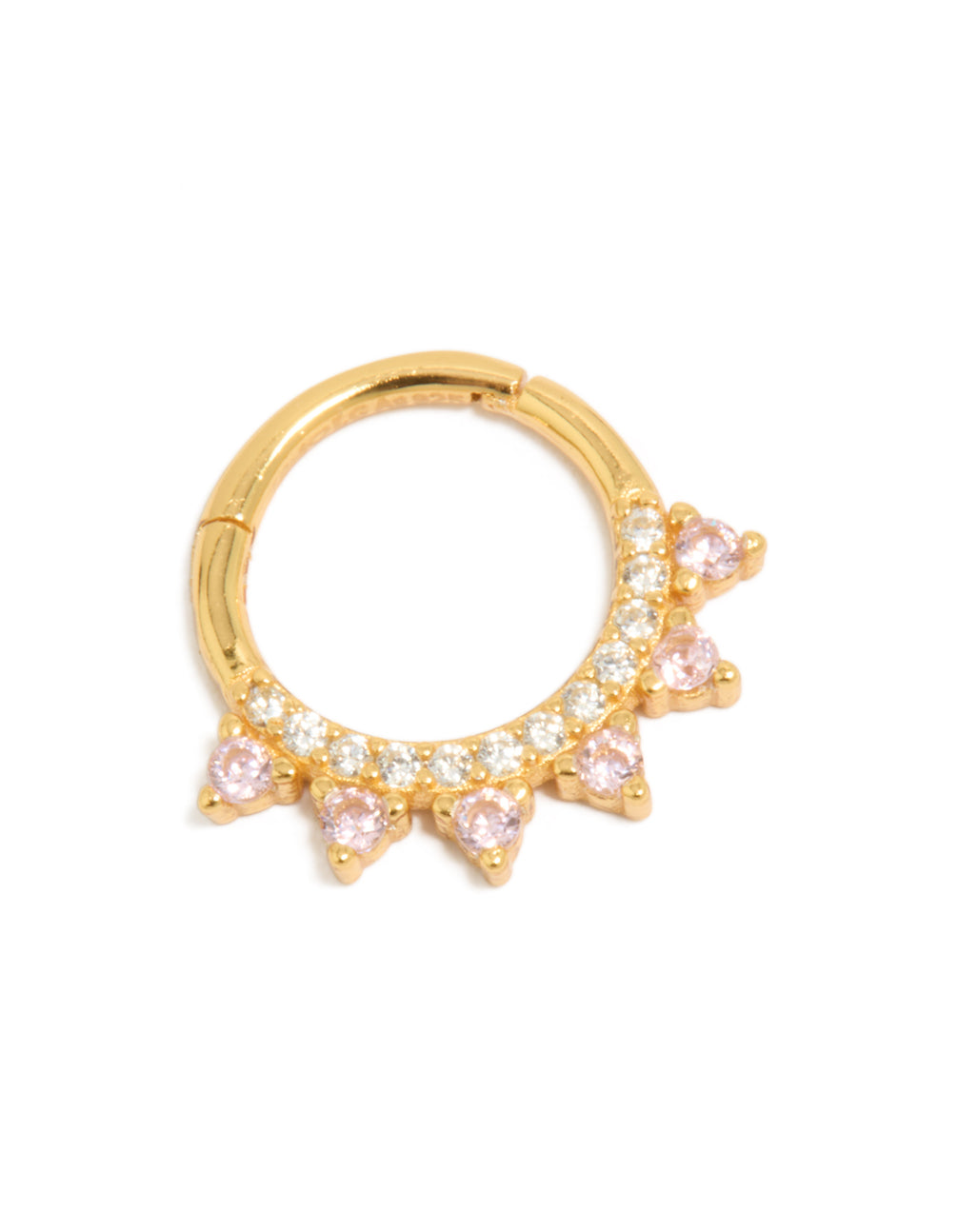 Showcasing a gold plated sterling silver spike clicker ring with huggie closure and statement design front view