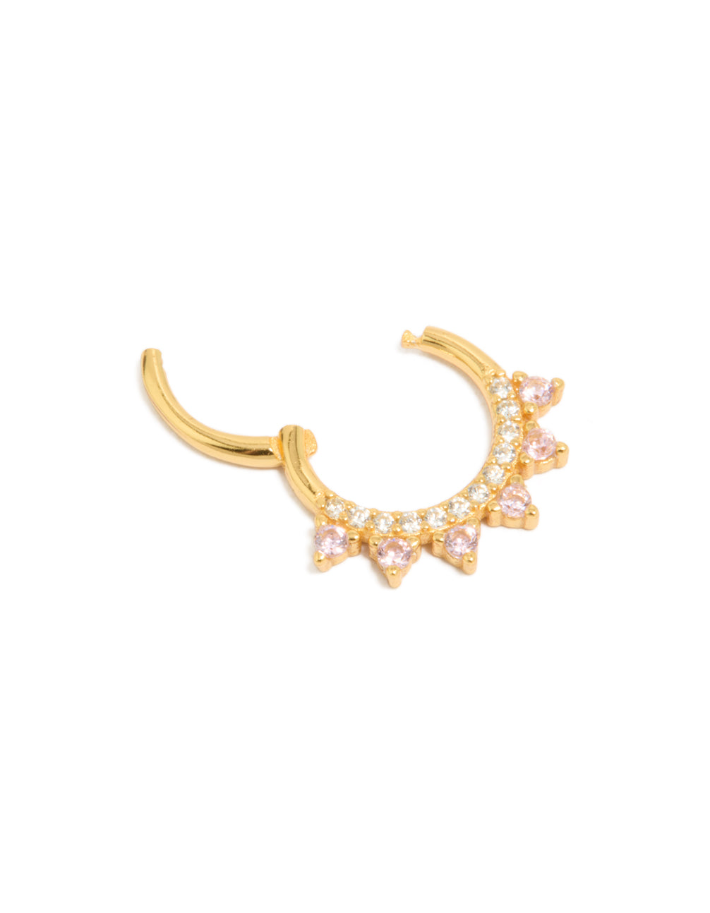 Crafted from gold plated sterling silver, this spike clicker ring features huggie closure in a statement style close up view